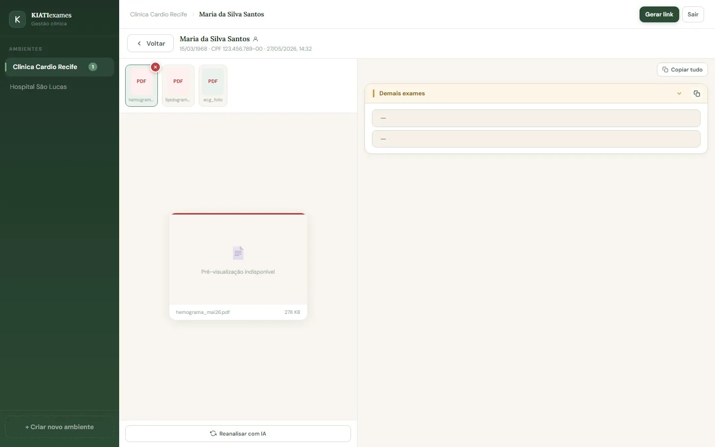 Visualizador de exame lado a lado com documento original