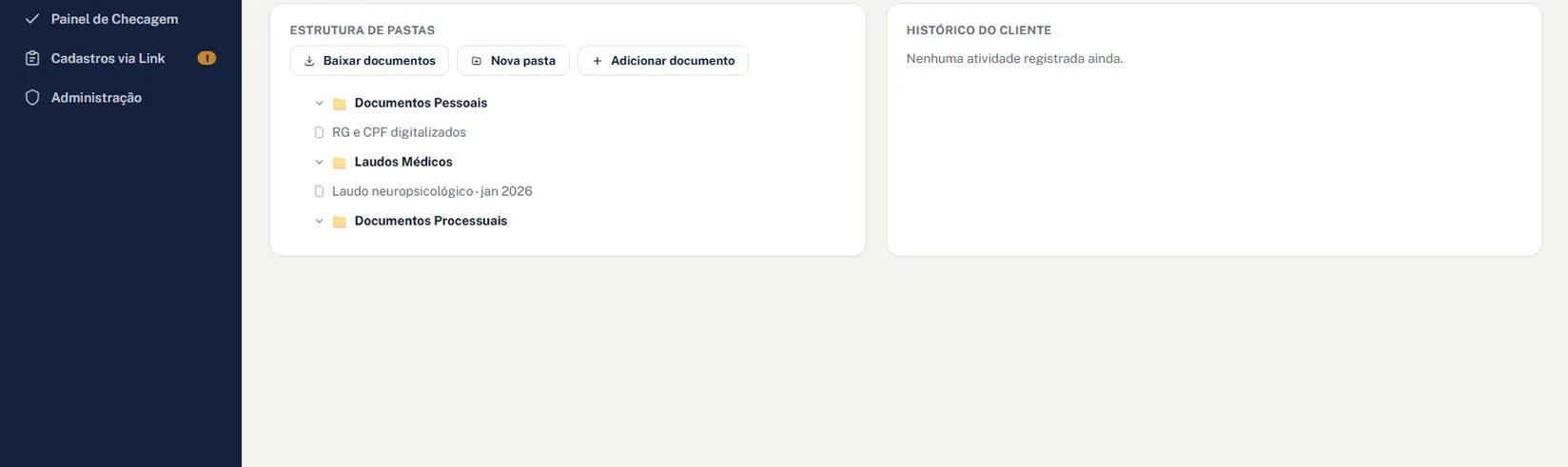 Sequência animada mostrando o painel do KIATI Gestão Documental: login, visão geral, clientes e painel de checagem
