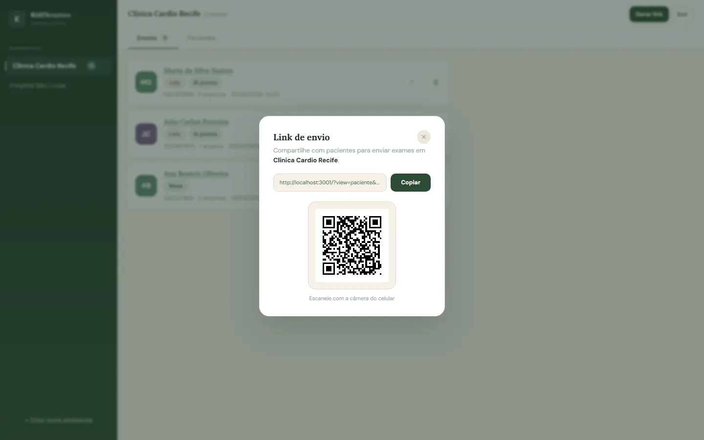 Modal de geração de link e QR code para envio de exames