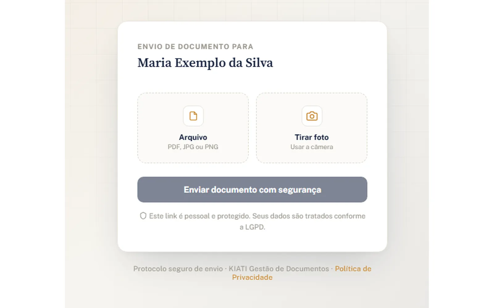 Sequência animada mostrando o painel do KIATI Gestão Documental: login, visão geral, detalhe do cliente, fila de conferência, administração e envio de documentos