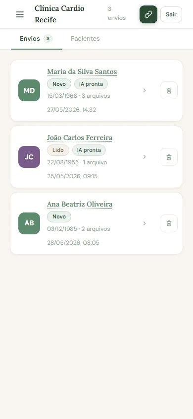 Painel do médico no KIATIexames em versão mobile