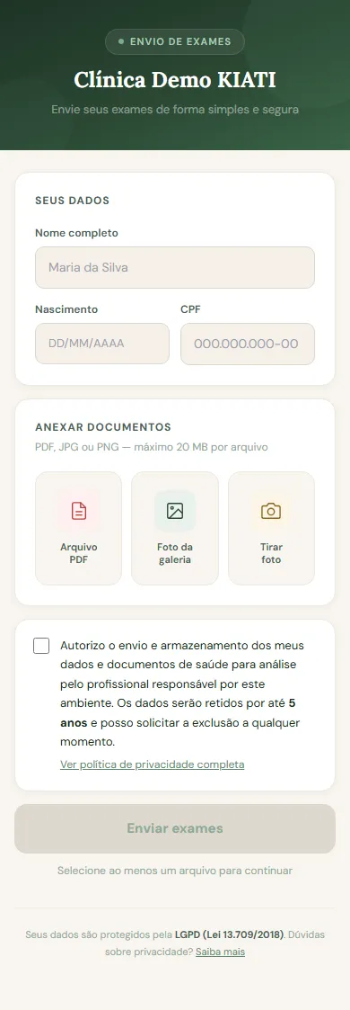 Formulário de envio de exames no celular do paciente